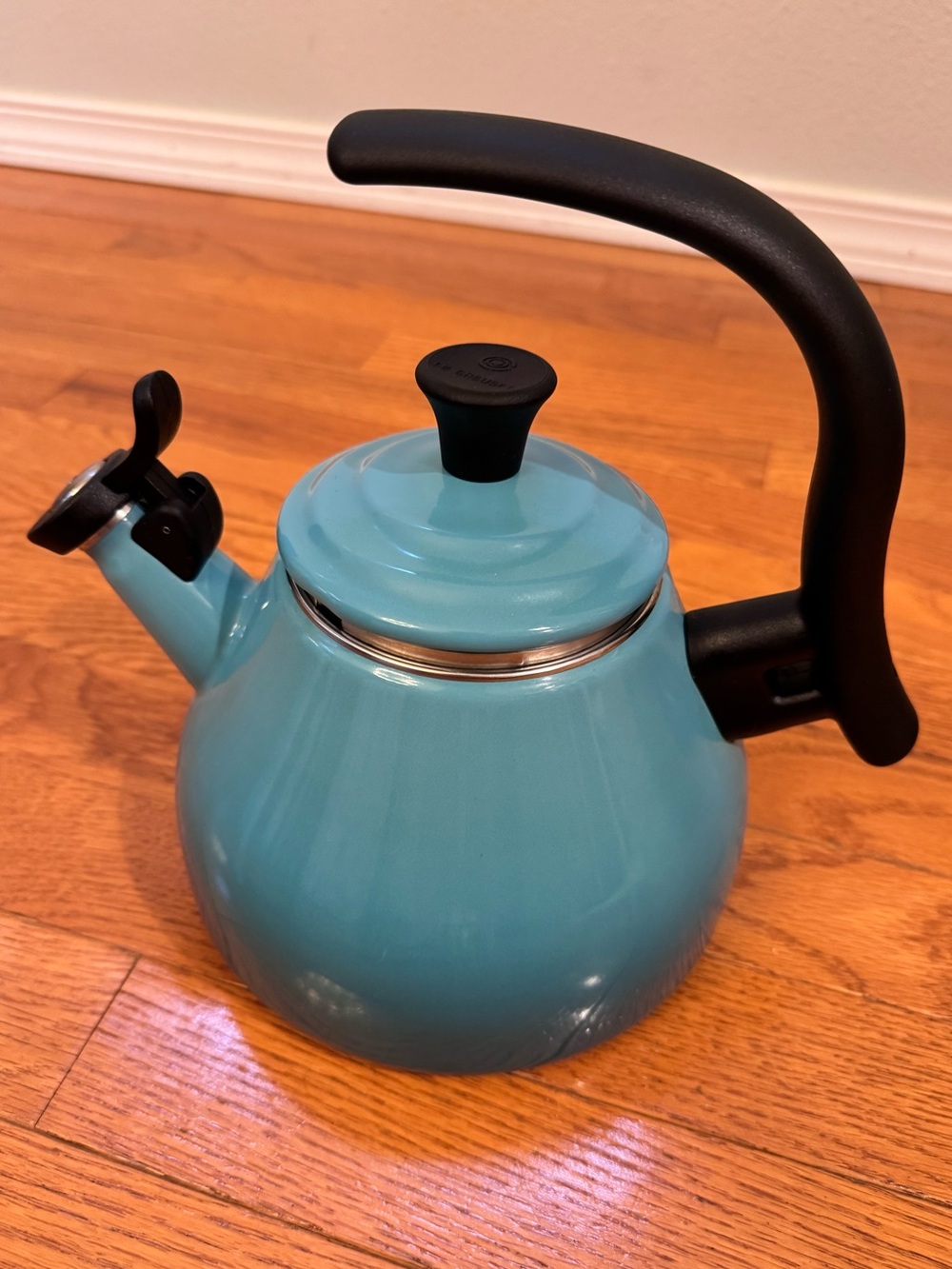 Le Creuset Caribbean Blue Ombré Enamel Whistling Tea Kettle with Black Handle